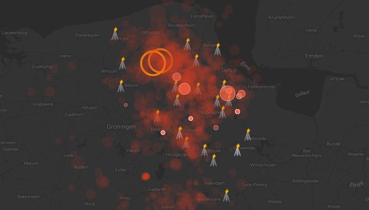rode vlekken op een donkere ondergrond, de kaart van Groningen, die de aardbevingen voorstellen