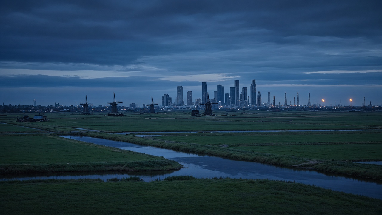 Atmosferisch beeld van de Randstad bij schemering met energie-infrastructuur aan de horizon