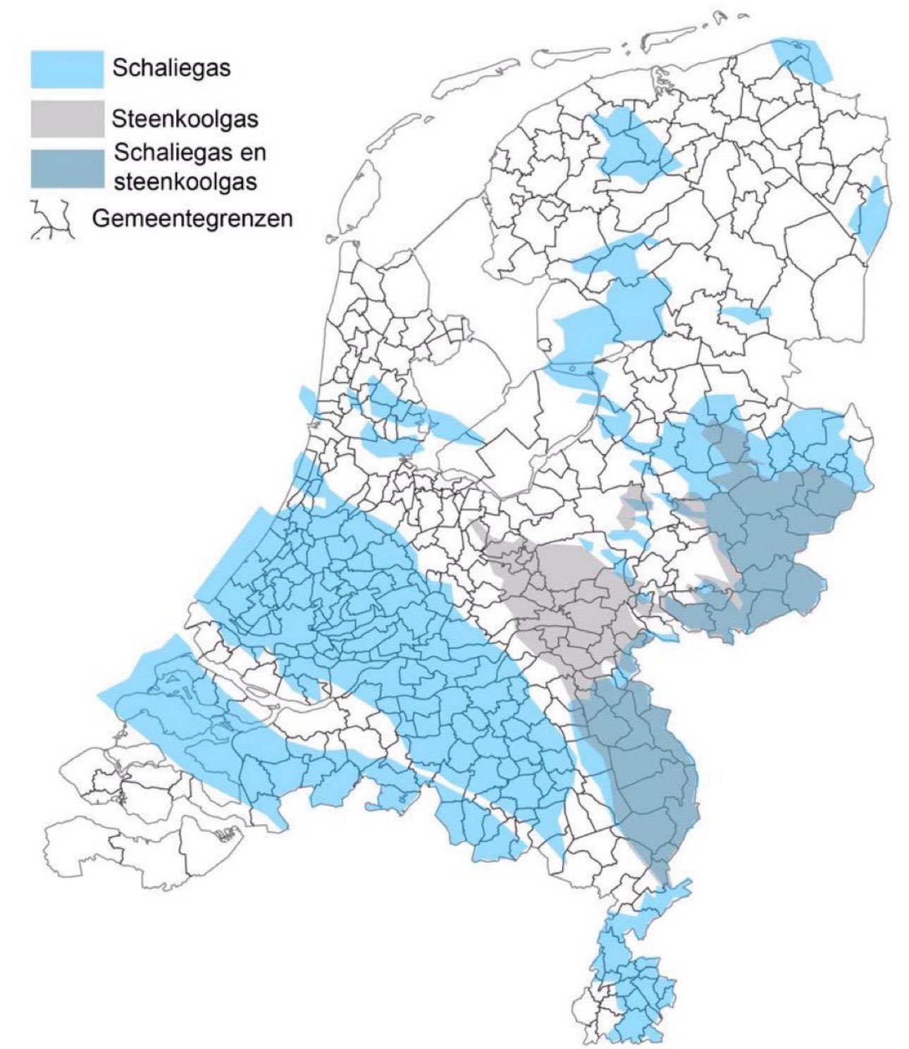 Kaart van Nederland met gebieden voor schaliegas (lichtblauw), steenkoolgas (grijs) en overlapping; West-Nederland en de Randstad liggen grotendeels in het schaliegasgebied